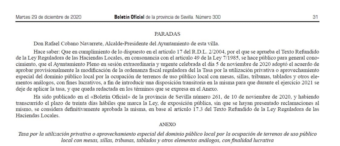 Eliminación tasa vía pública bares