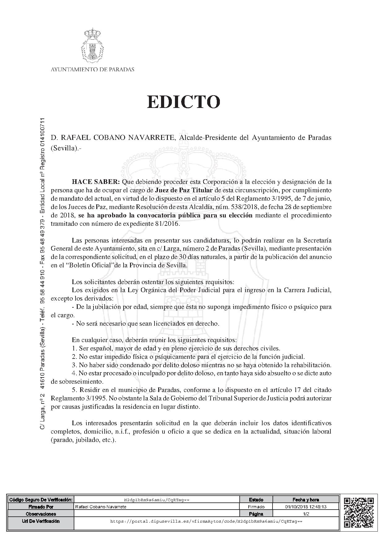 Edicto-Juez de Paz Titular 1